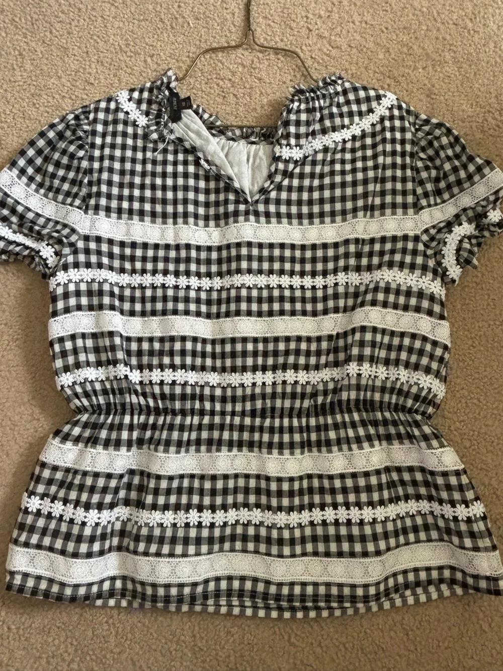 J. Crew Black and White Gingham Lace-Trim Peasant Blouse